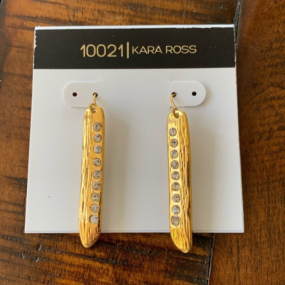 Kara Ross 10021 Gold Tone Bar Earrings, Crystal Accents